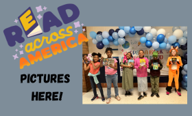   text read across America week picture of students dressed as book characters